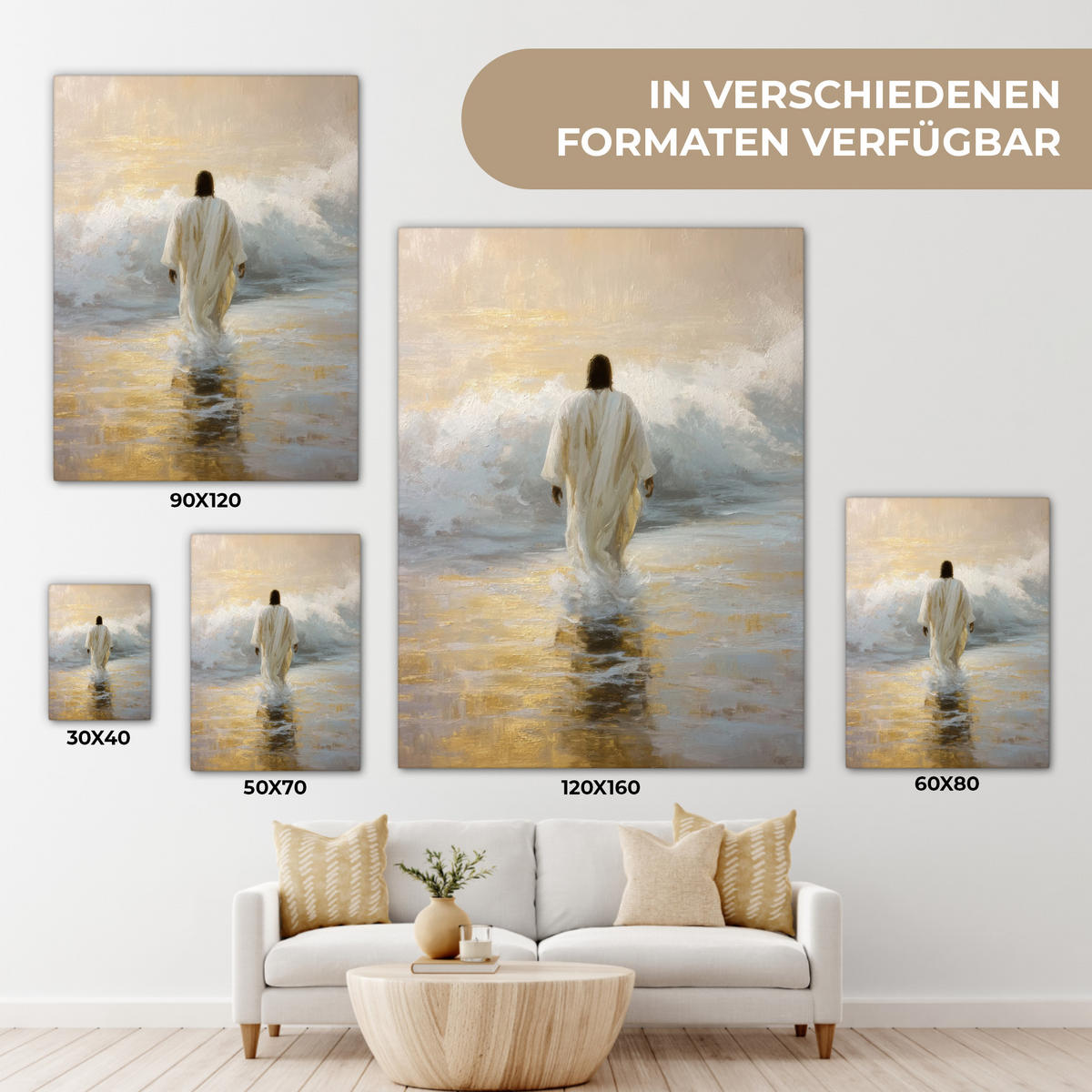 LEINWANDBILD Gemälde - Welle - Jesus - Abstrakt Wandbild Wohnzimmer 60x80 cm - Goldfarben, Textil (60/80cm) - MuchoWow