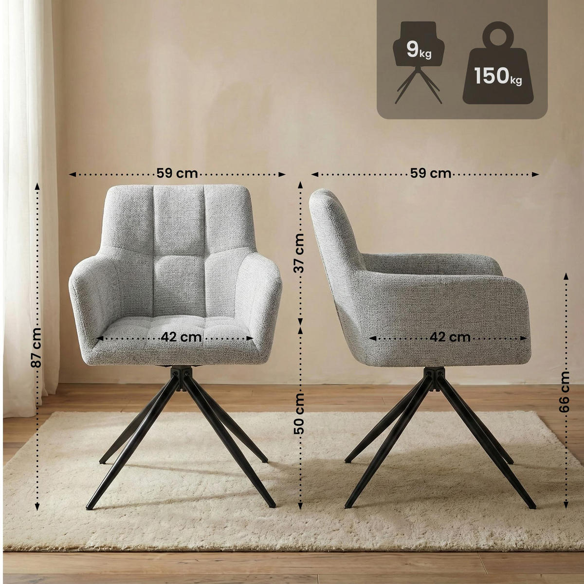 ARMLEHNENSTUHL Stoff Hellgrau - Hellgrau/Schwarz, Textil/Metall (59/87/59cm) - CLP