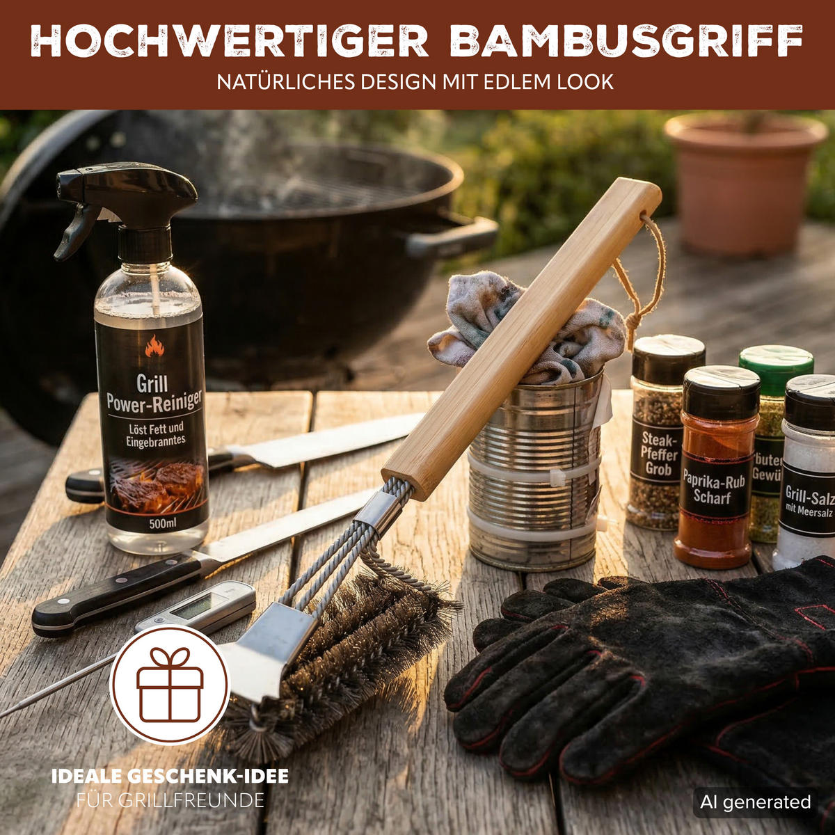 GRILLBÜRSTE, Edelstahl, Bambus - Edelstahlfarben, Metall (40cm) - eluno