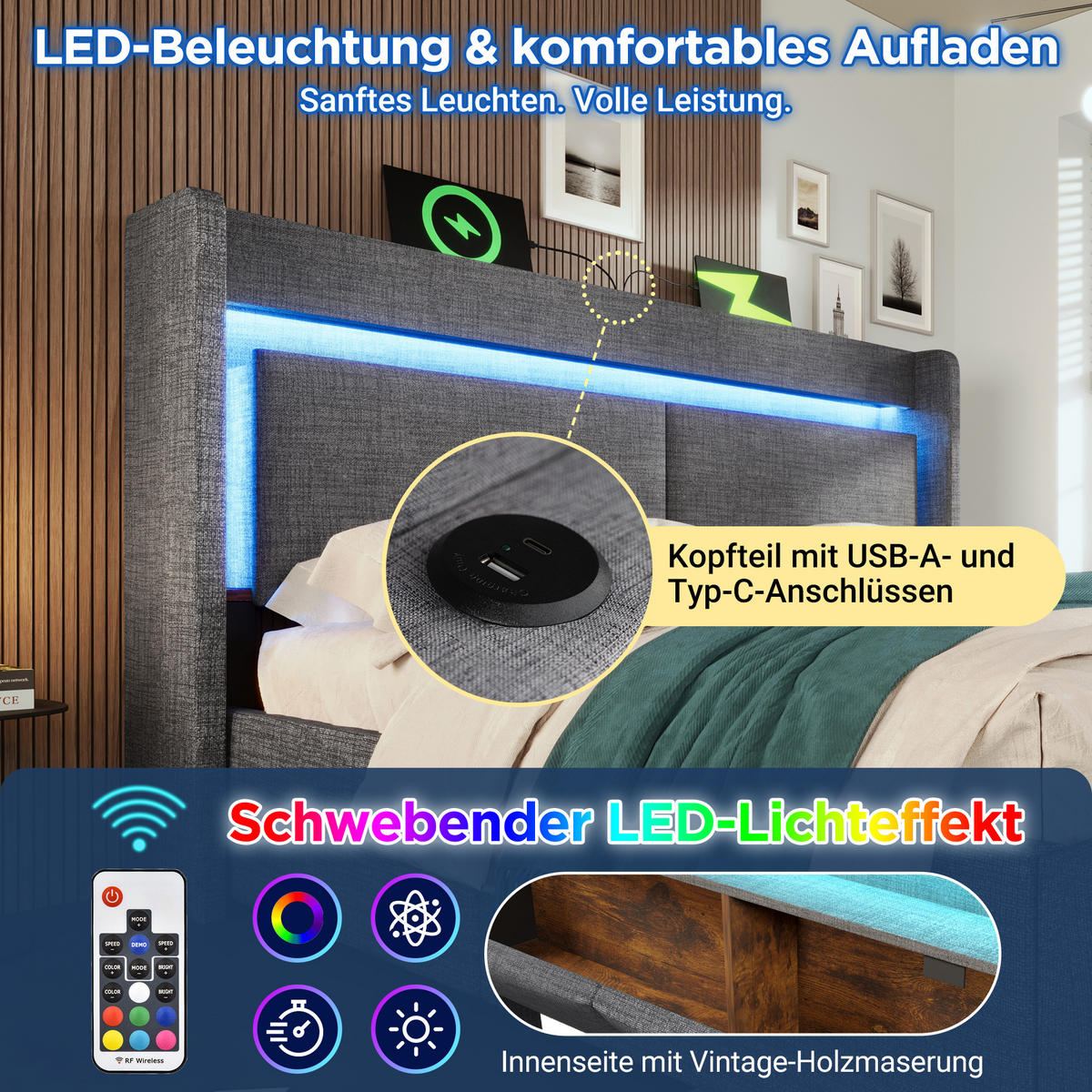 POLSTERBETT 160/200 cm mit LED, USB- und USB-C-Anschluss, hydraulischem Stauraum und Schublade, Leinen, Grau - Grau, Textil (160/200cm) - Redom