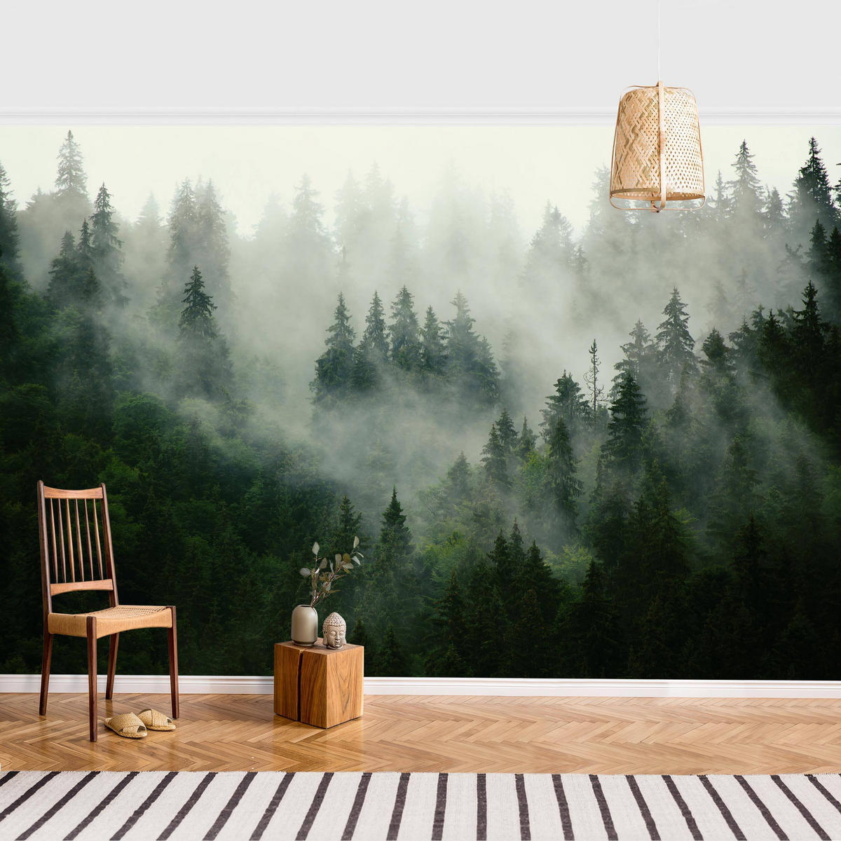 FOTOTAPETE Tiefgrüner Tannenwald im Nebel 288/190 cm - Grün, Papier (288/190cm) - Bilderwelten