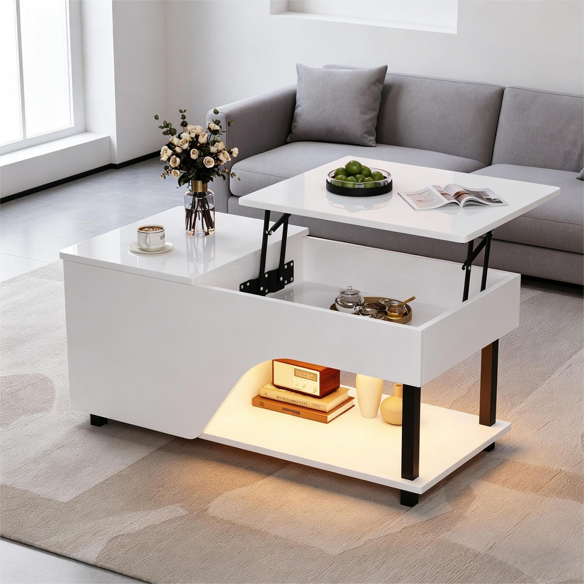 COUCHTISCH höhenverstellbar, Stauraum & Metallgestell, 50/100/46 cm, Spanplatte - Weiß, Holzwerkstoff/Metall (100/50/46cm) - EVRYAE