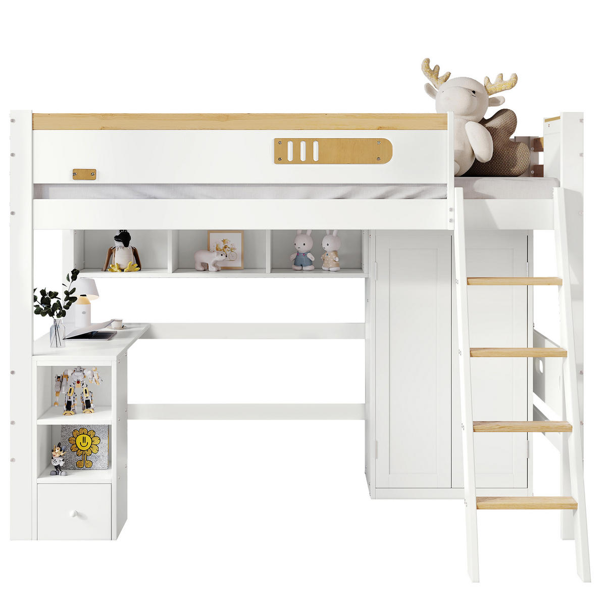 HOCHBETT 90/200 cm mit Tisch und Kleiderschrank in Weiß/Natur - Weiß, Holz (90/200cm) - BEAOK