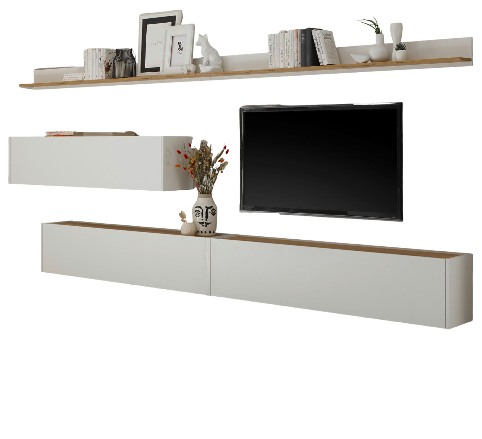 WOHNWAND 5-teilig weiß, Eiche Wotan 340 cm, Schrankwand mit mit XXL-Board - Eiche Wotan/Weiß, Holz/Holzwerkstoff (340/180/30cm) - Furn.Design