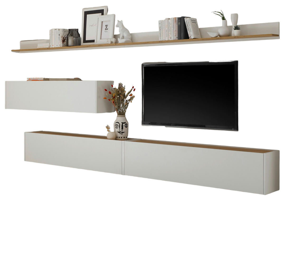 WOHNWAND 5-teilig weiß, Eiche Wotan 340 cm, Schrankwand mit mit XXL-Board - Eiche Wotan/Weiß, Holz/Holzwerkstoff (340/180/30cm) - Furn.Design