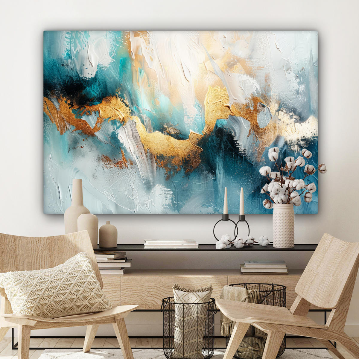 LEINWANDBILD Abstrakt - Kunst - Gold - Blau Wohnzimmer Groß 120x80 cm - Petrol, Textil (120/80cm) - MuchoWow