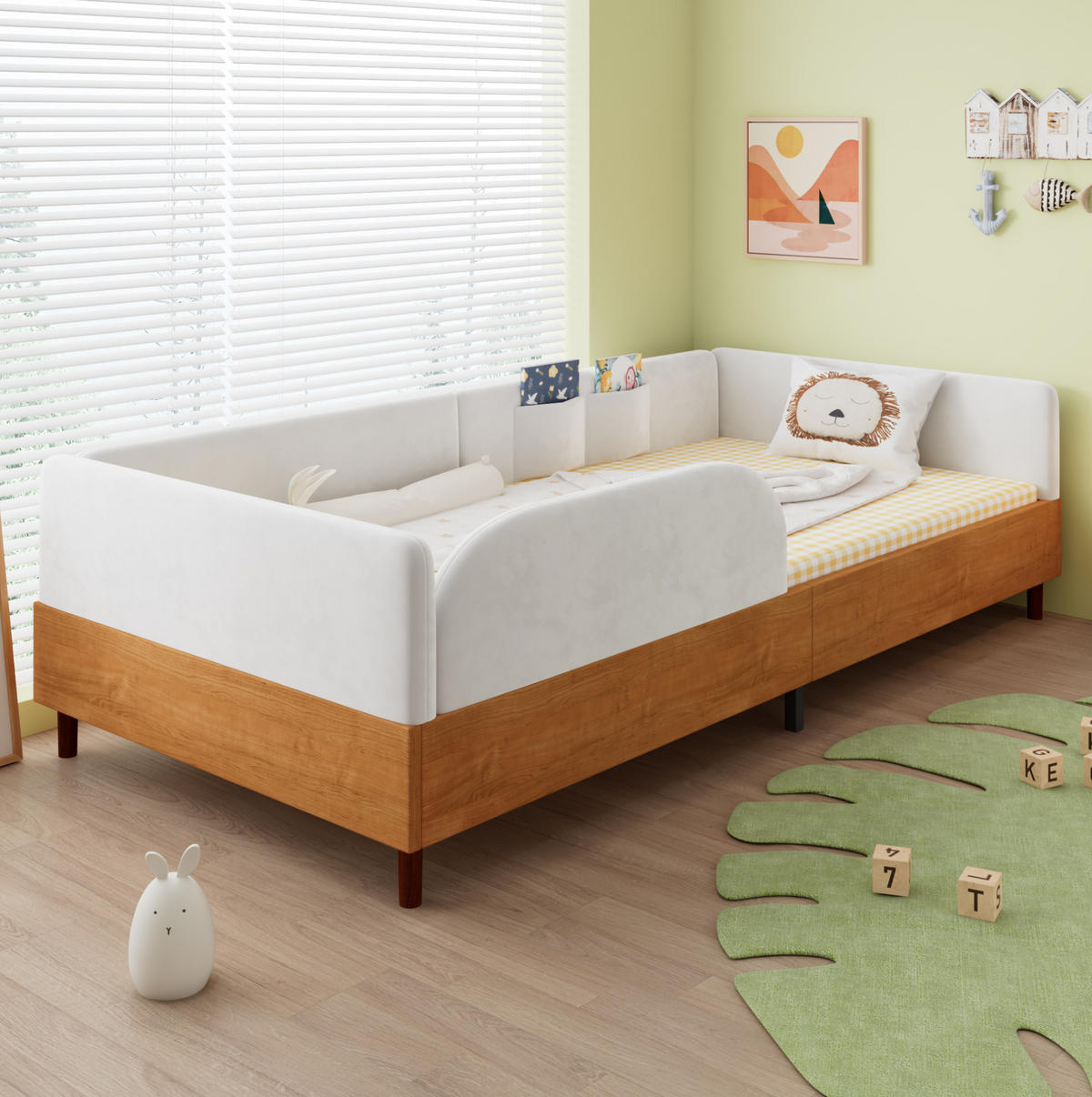 ČALÚNENÁ posteľ z velúru a dreva 90x200 cm biela s 2 úložnými vreckami, ochranným okrajom a stabilným rámom - prírodná farba, textil (90/200cm) - Modfu