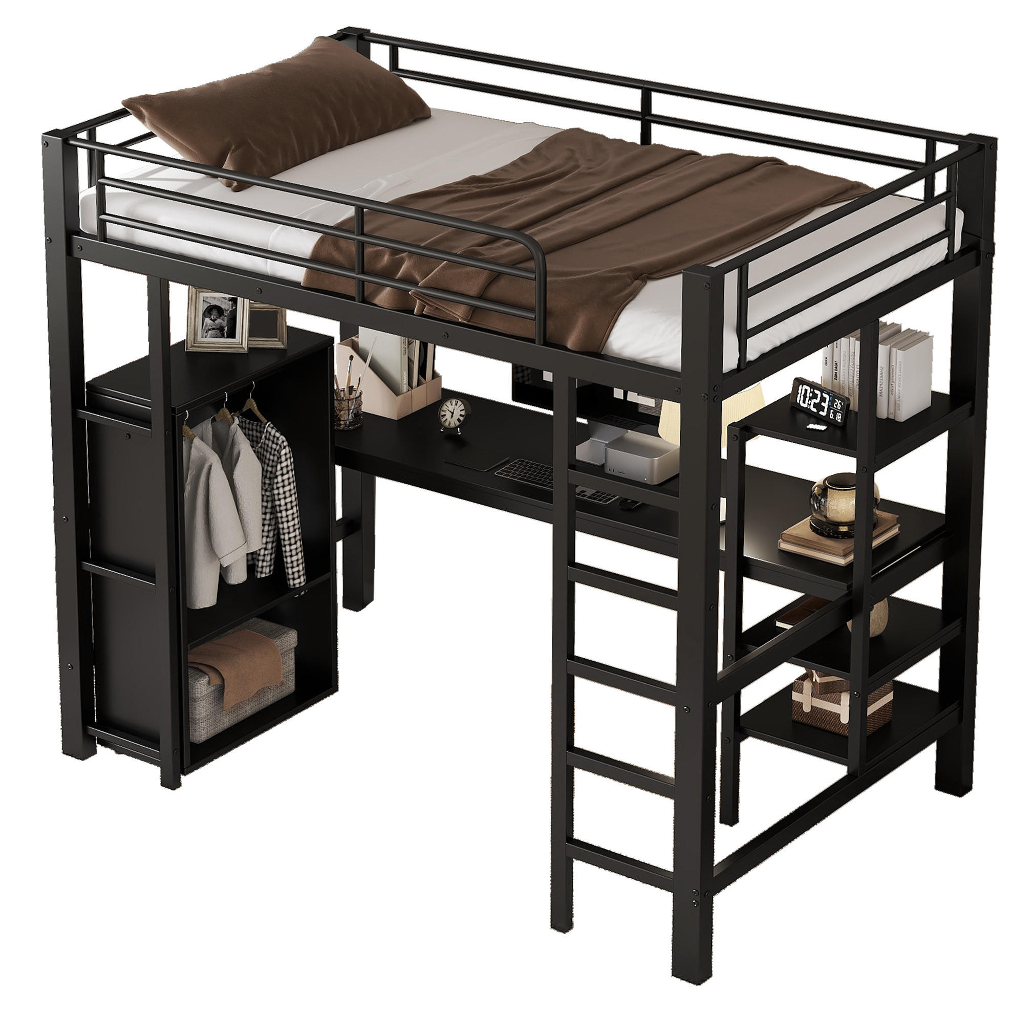 HOCHBETT 90/200 cm aus Metall mit Schreibtisch und Kleiderschrank - Schwarz, Metall (90/200cm) - BEAOK