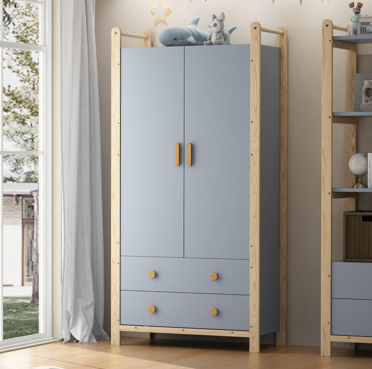 GARDEROBE 90/44/180,5 cm und 70/44/180,5 cm Blau/Natur aus Massivholz und Holzwerkstoff mit Schubladen 2er Set - Blau, Holzwerkstoff (44/180.5/160cm) - OKMYHOME