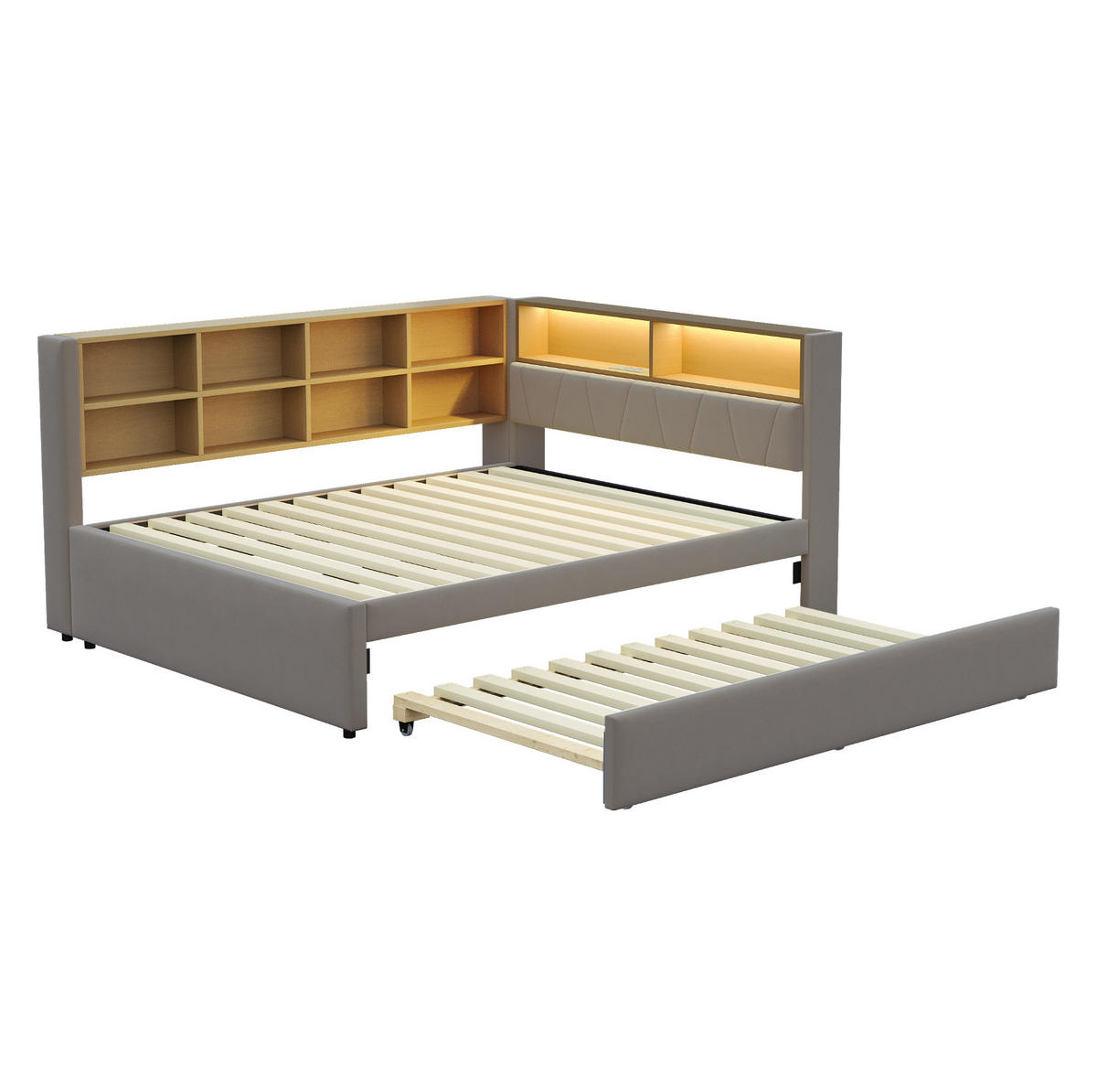 BETT 140/200 cm mit Ausziehbett 90/190 cm, LED und USB-/Type-C-Anschlüssen - Dunkelgrau, Textil (140/200cm) - Flora Grace