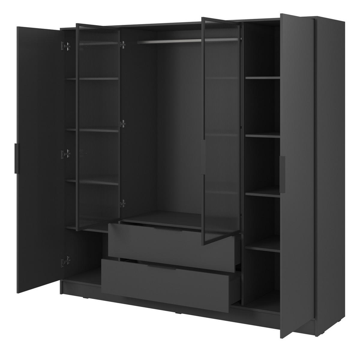 SCHRANK 206 cm mit Glas Kalma, Schubladen, 4 Türen, Graphite - Graphitfarben, Holz (206/200/51cm) - Emporius
