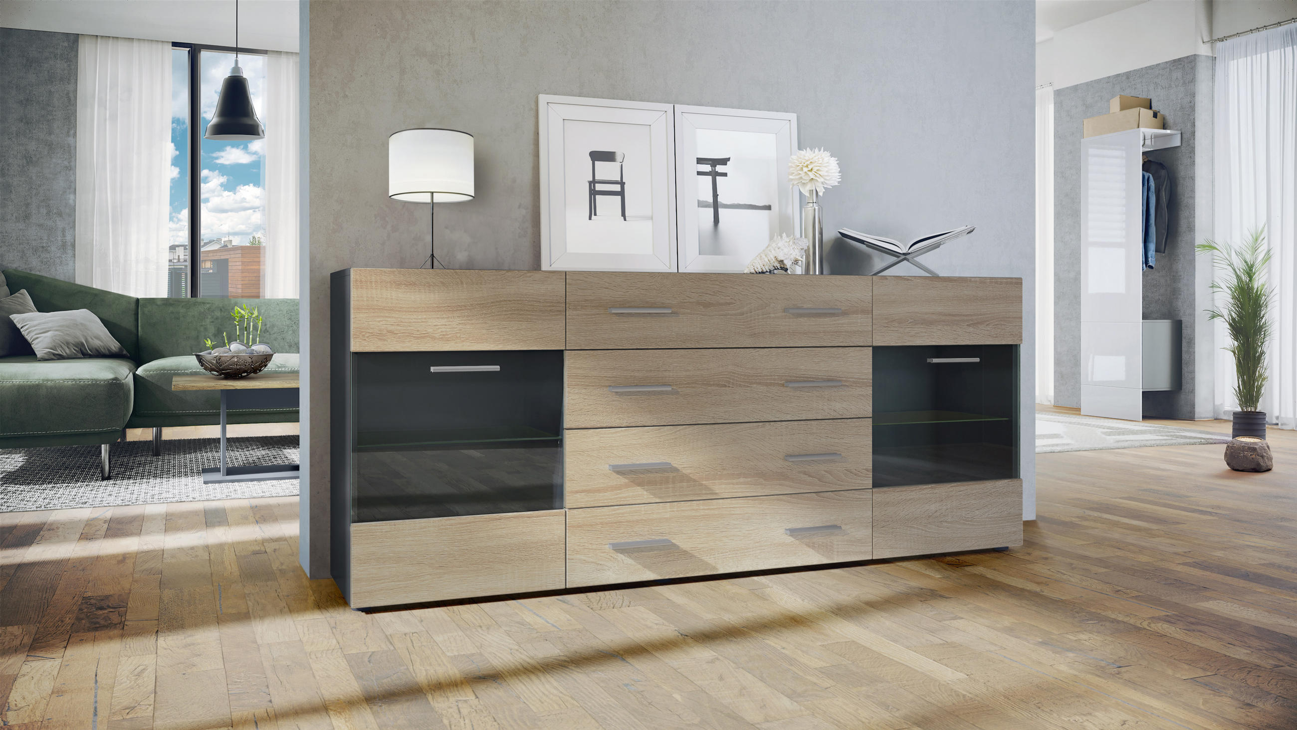 SIDEBOARD Carlos Eiche sägerau - Eiche San Remo, Holzwerkstoff (166/72/35cm) - Vladon
