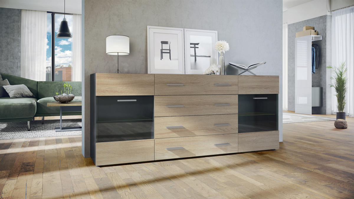 SIDEBOARD Carlos Eiche sägerau - Eiche San Remo, Holzwerkstoff (166/72/35cm) - Vladon