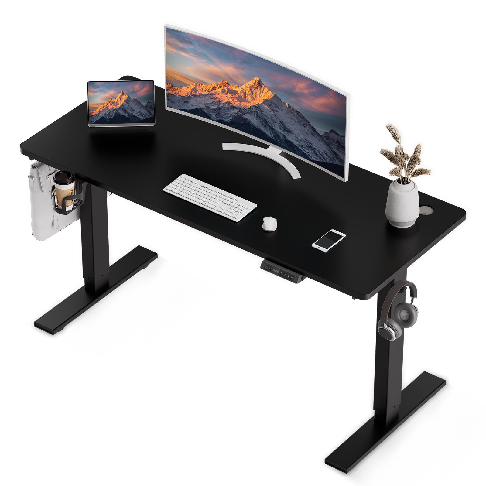 SCHREIBTISCH elektrisch höhenverstellbarer 70 x 140 cm, mit USB-A- und Type-C-Ladeanschlüssen, mit Memory- und Kollisionsschutzfunktion - Schwarz, Metall (140/70/120cm) - HOMAVO