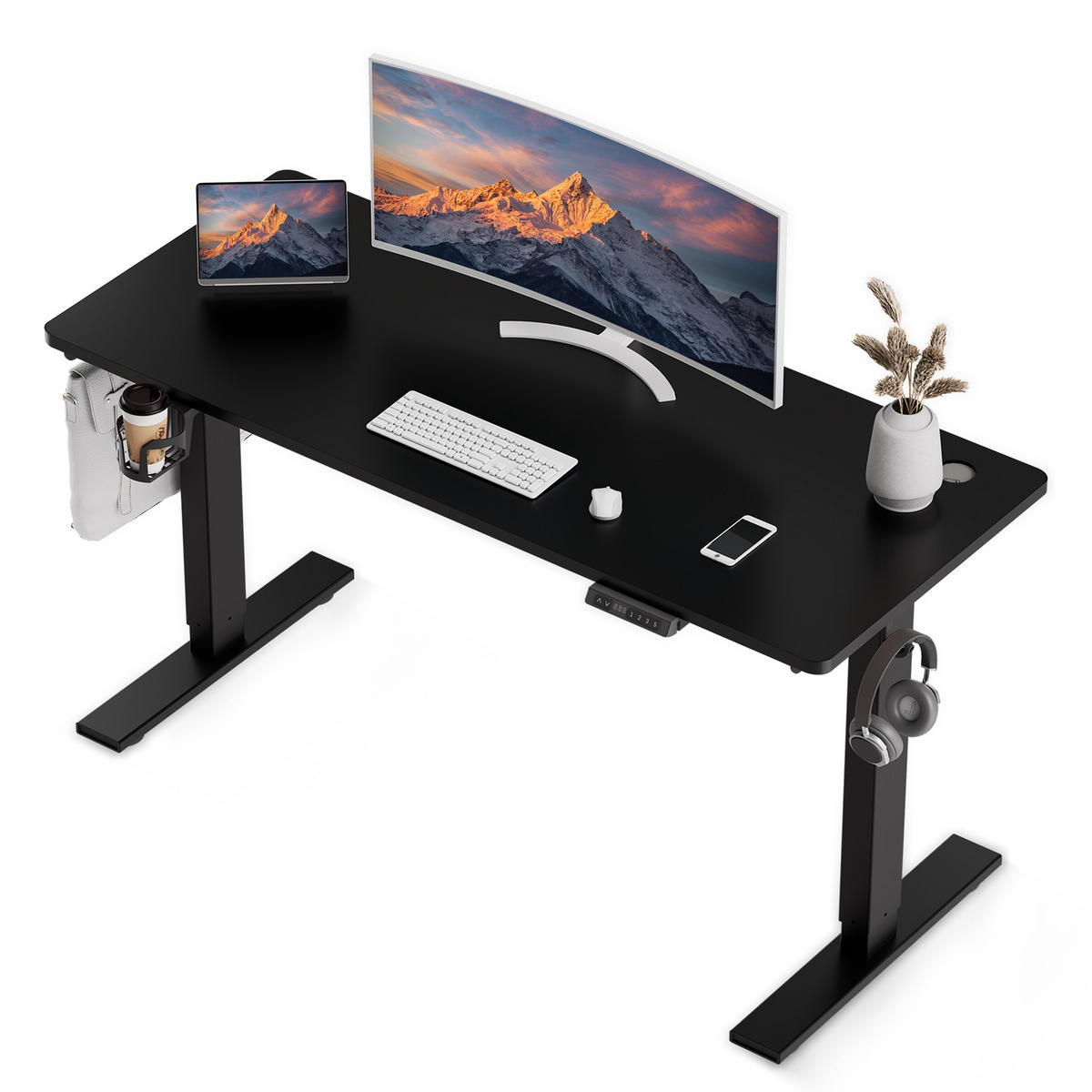 SCHREIBTISCH elektrisch höhenverstellbarer 60 x 120 cm, mit USB-A- und Type-C-Ladeanschlüssen, mit Memory- und Kollisionsschutzfunktion - Schwarz, Metall (120/60/120cm) - HOMAVO