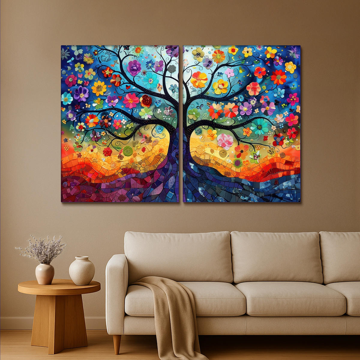LEINWANDBILD 2er Set Bunt - Baum des Lebens - Blumen - Abstrakt 180x120 cm - Blau, Textil (180/120cm) - MuchoWow