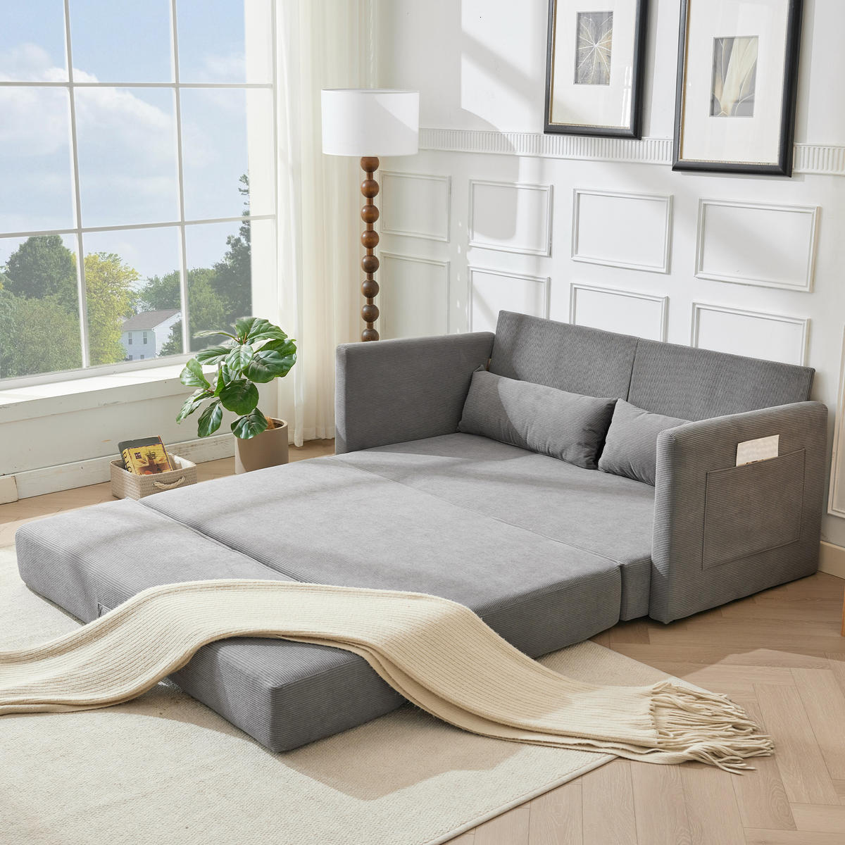 2-SITZER SOFABETT Cord Grau mit Kissen und Magazintaschen - Grau, Holzwerkstoff/Textil (165/67/212cm) - WISHDOR