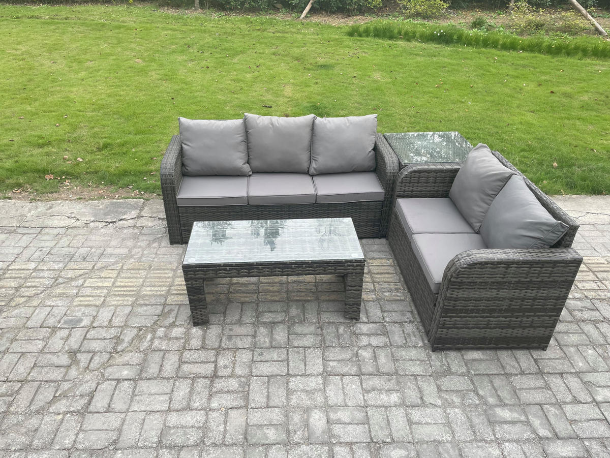 GARTENSOFA SET mit COUCHTISCH BEISTELLTISCH Polyrattan 5-Sitzer - Dunkelgrau/Grau, Glas/Kunststoff - Fimous