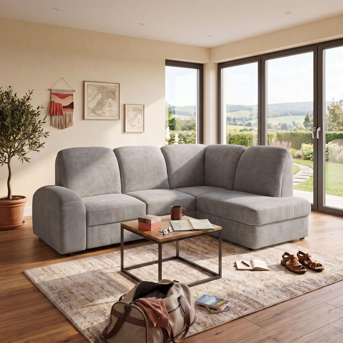 ECKSOFA VIBE L Rechts mit Schlaffunktion 129x205 Chenille Grau - Schwarz/Grau, Holz/Kunststoff (250/186cm) - Muffo