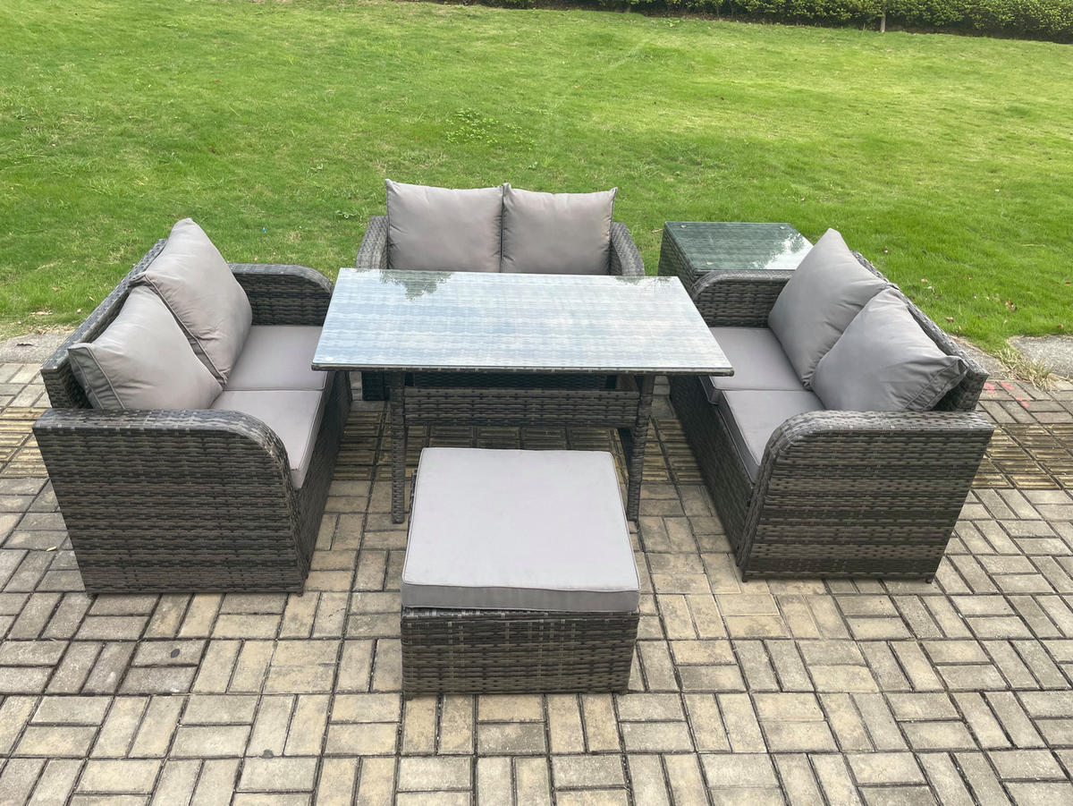 SITZGRUPPE mit Esstisch,Zweisitzer,Hocker Polyrattan 7-Sitzer - Dunkelgrau/Grau, Glas/Kunststoff - Fimous