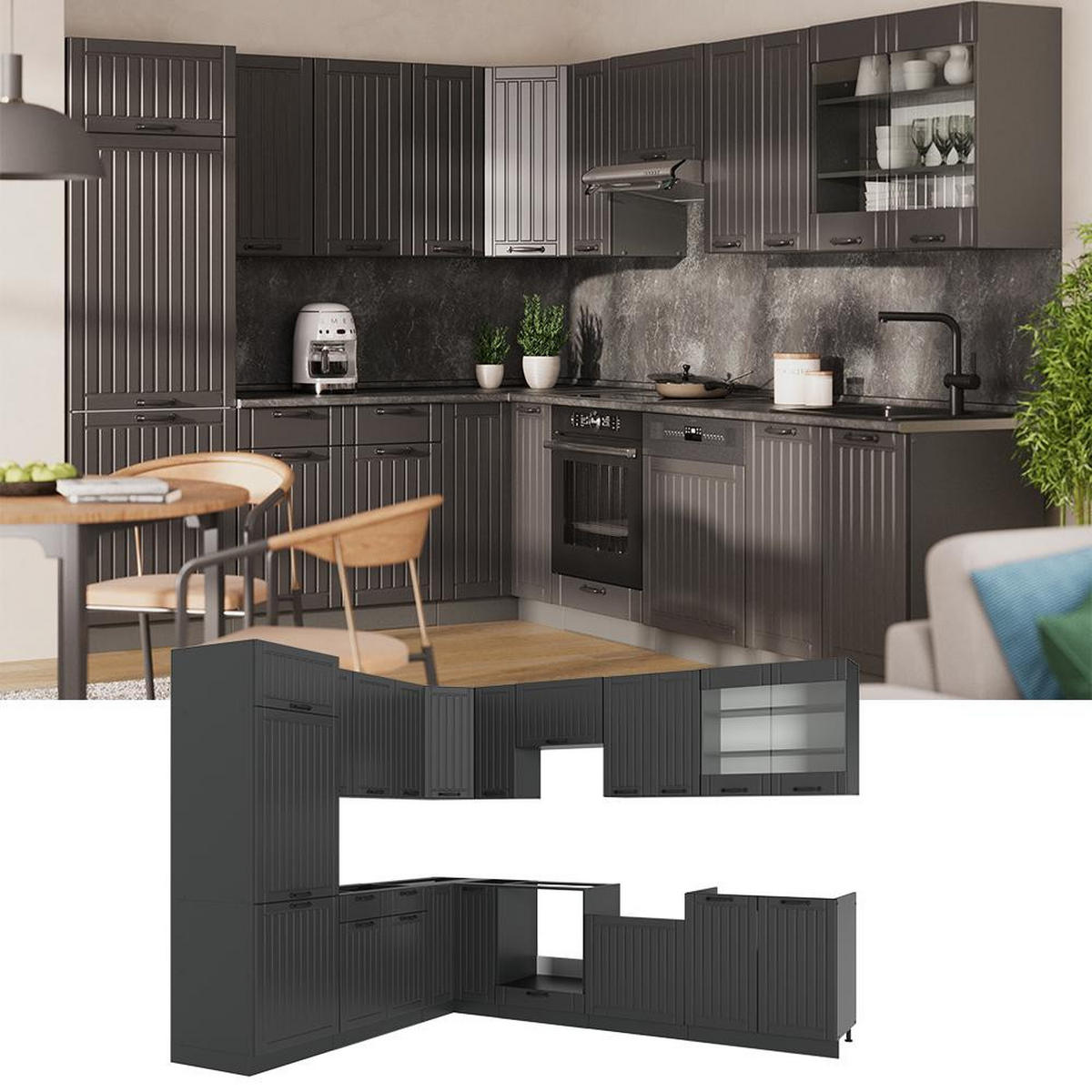BUCĂTĂRIE PE COLȚ Fame-Line, Gri închis/antracit, 287 x 227 cm fara blat - gri închis/antracit, compozit lemnos (287/206.8/51.6cm) - Vicco