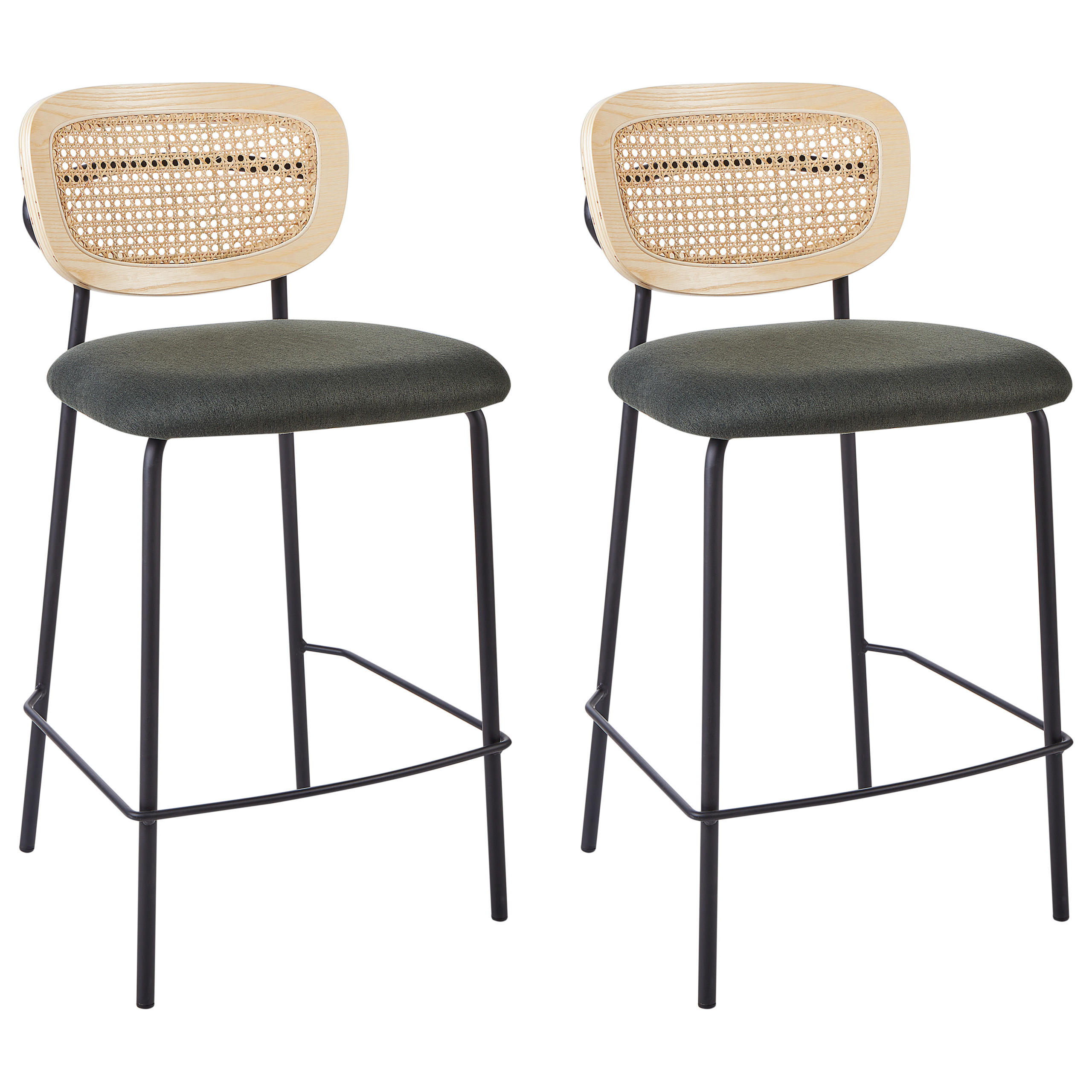 BARSTUHL 2er-Set Rattan Dunkelgrün Mayetta - Schwarz/Naturfarben, Textil (45/90/43cm) - Beliani