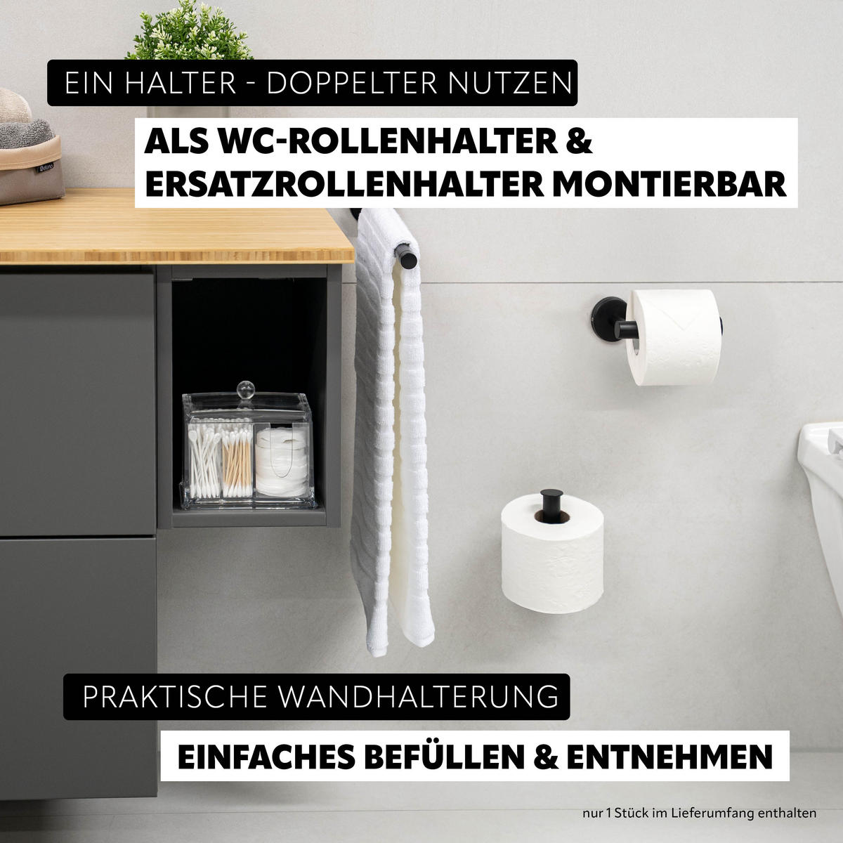 TOILETTENPAPIERHALTER PIAZZA BLACK 2in1 mit Kleber, Edelstahl, schwarz - Schwarz, Metall (6/15/9cm) - bremermann