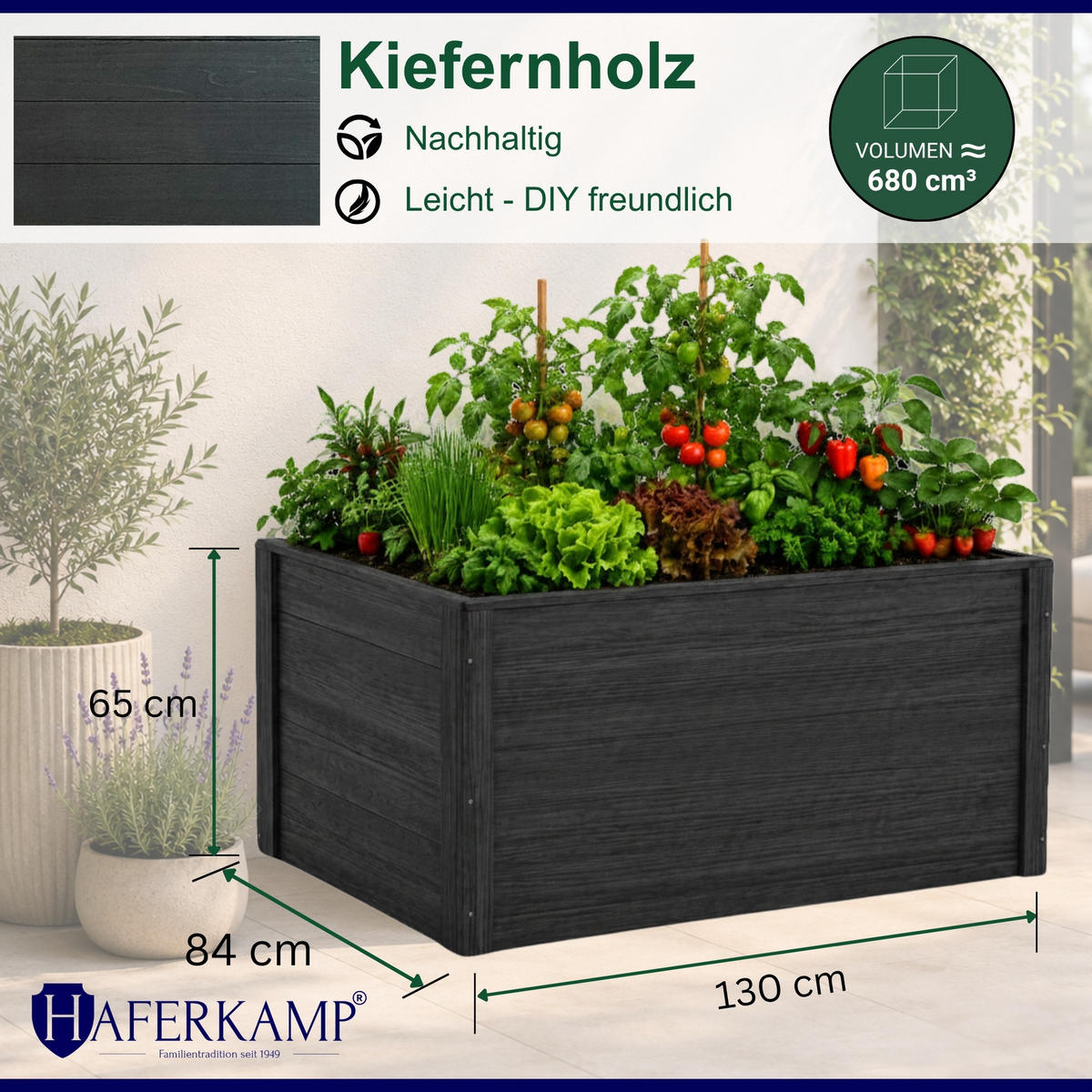 HOCHBEET HARZ aus Holz mit Schutzfolie 65x130x84 cm Außenbereich Anthrazit Holz - Anthrazit, Holz (130/65/84cm)