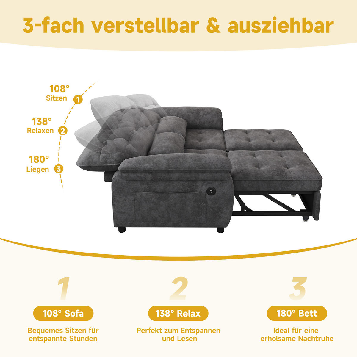 SCHLAFSOFA 3-in-1, Grau, Chenille, USB, 2 Kissen - Grau, Textil (90/86.5/142cm)
