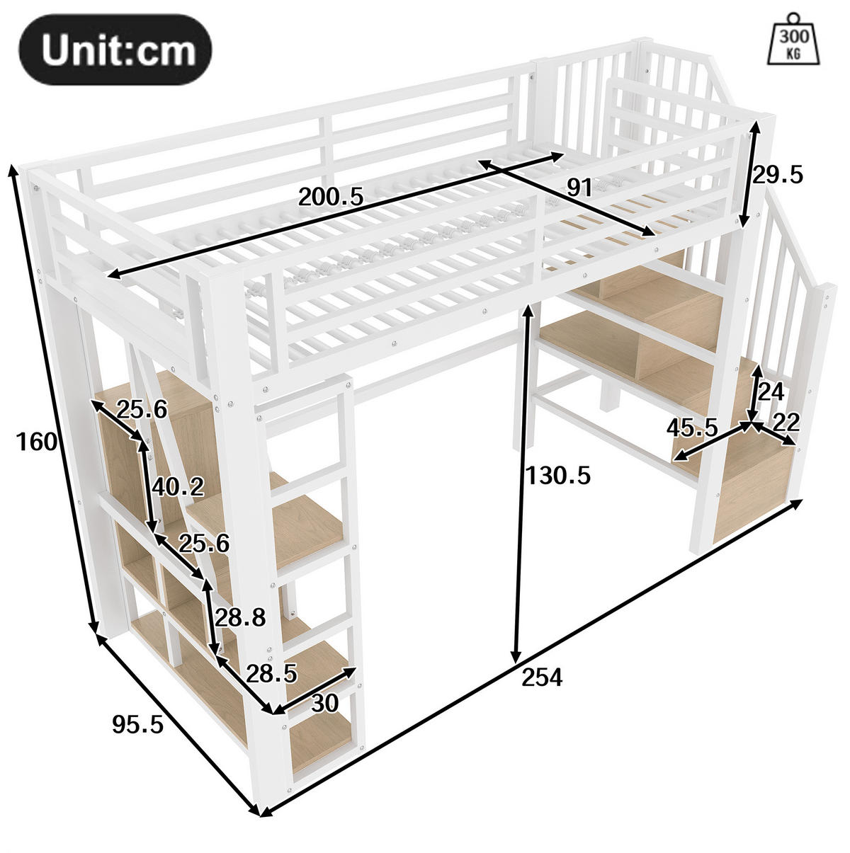 HOCHBETT aus Stahl und MDF 90x200 cm Weiß mit Stauraumtreppe, Regal und LED-Beleuchtung - Weiß, Metall (90/200cm) - IVMEU
