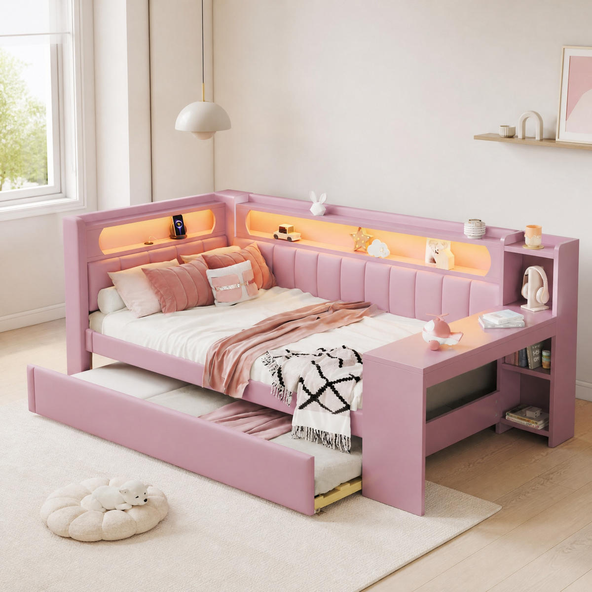 JUGENDBETT 90/200 mit Ausziehbett, Schreibtisch und LED in Rosa - Rosa, Holzwerkstoff/Textil (90/200cm) - EVRYAE