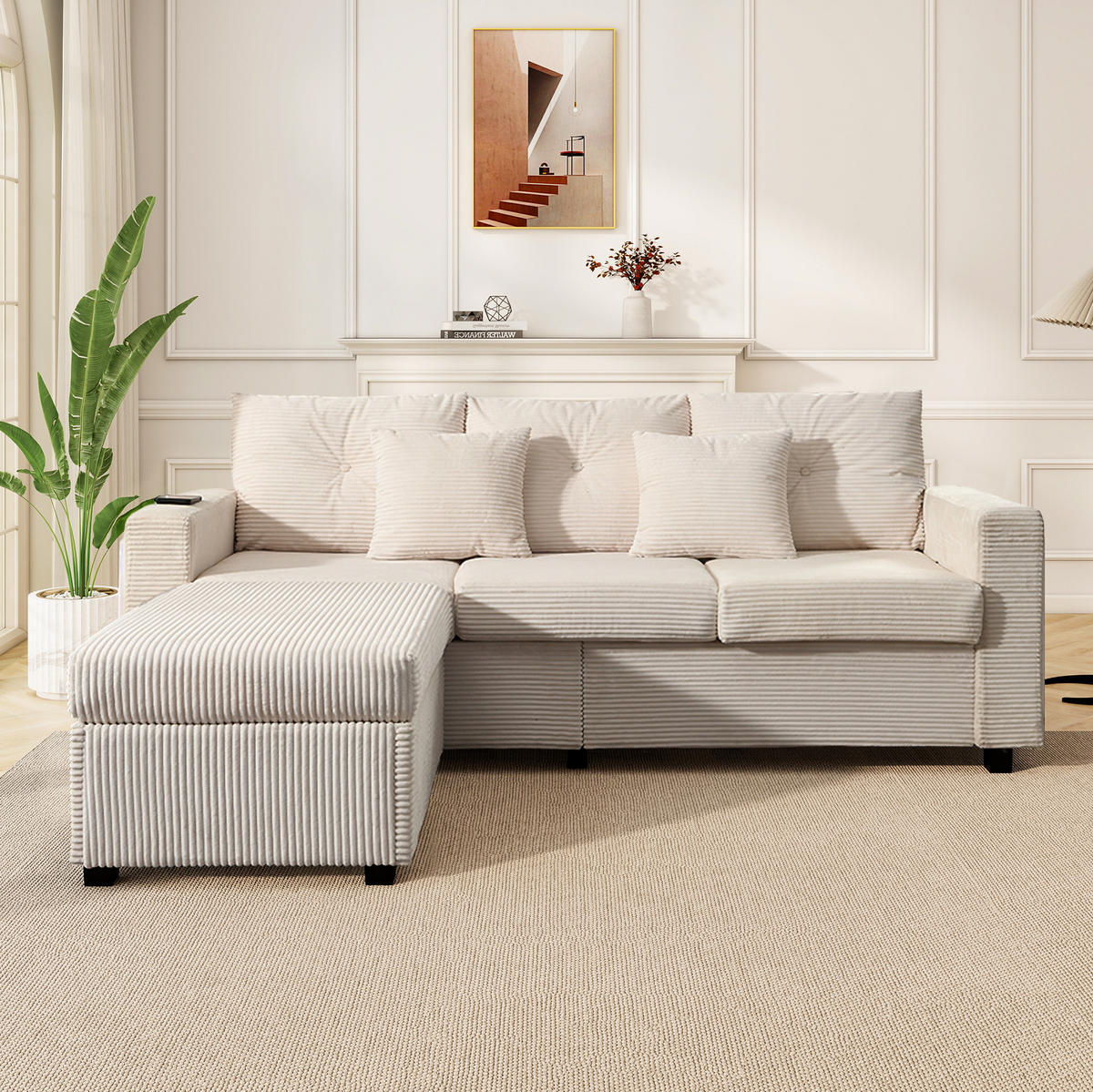 SOFA mit LED und Hocker Cord Beige 5-Kissen-Set - Beige, Kunststoff (184/85.5/84.5cm) - Meubliv