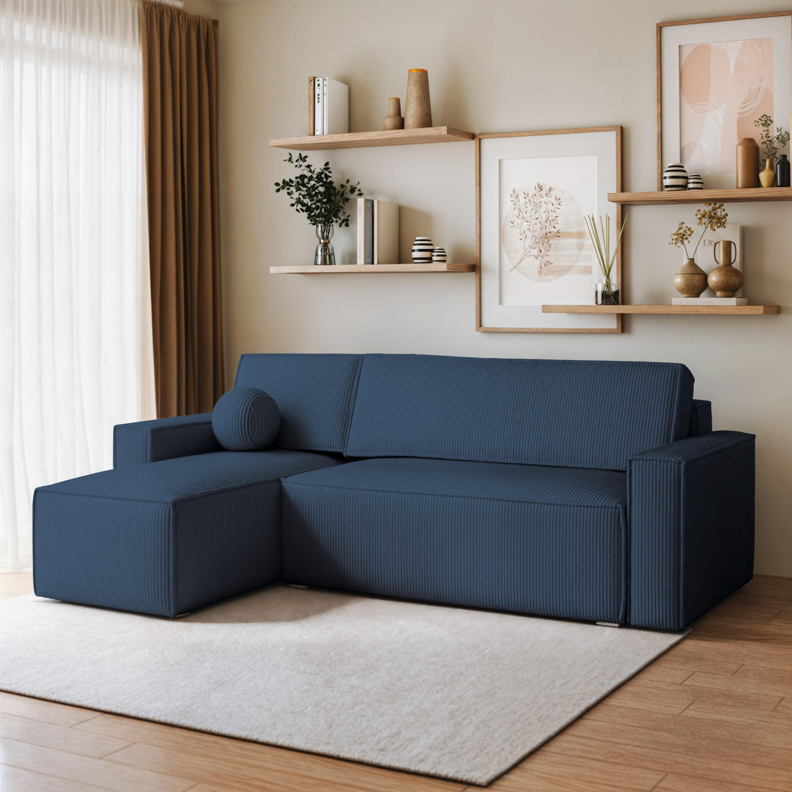ECKSOFA RAVELO P Blau Kordstoff mit Schlaffunktion - Blau, Holz (240/140cm) - MASSENO
