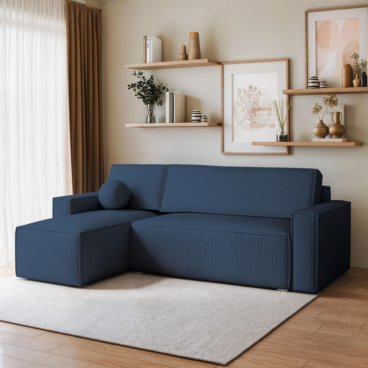 ECKSOFA RAVELO P Blau Kordstoff mit Schlaffunktion - Blau, Holz (240/140cm) - MASSENO