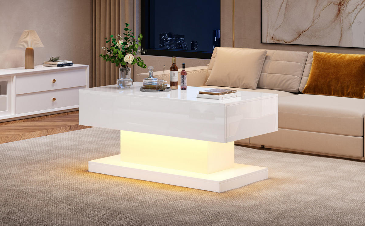 COUCHTISCH 100/50/45 cm weiß mit hydraulischem Lift und LED-Beleuchtung - Weiß, Holzwerkstoff (100/50/45cm) - OKWISH