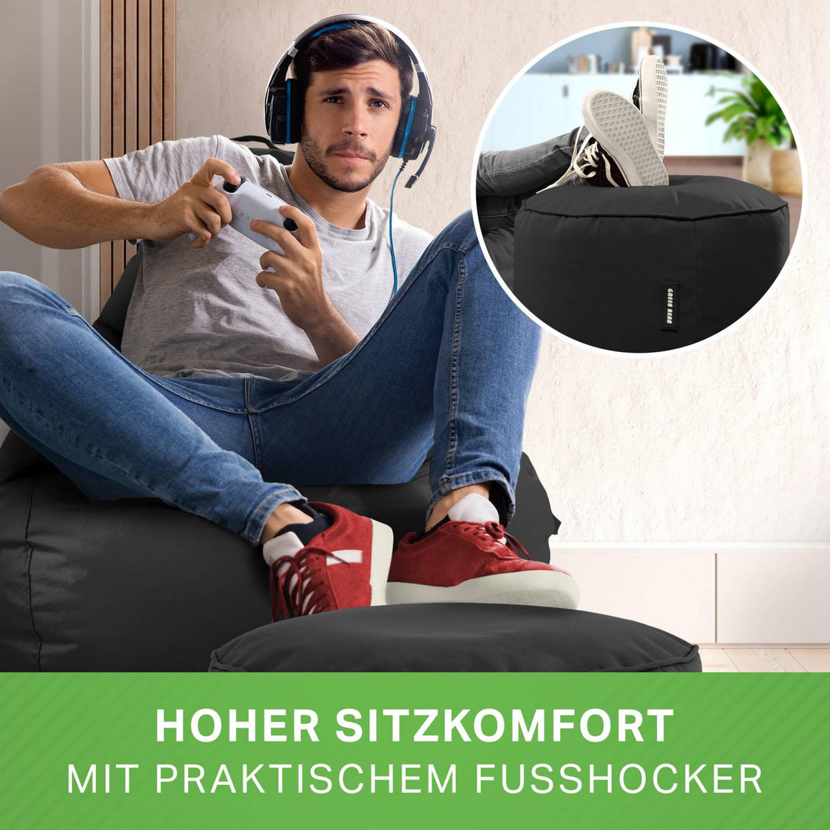 SITZSACK + Hocker "Cozy+Stay" 2er Set - Schwarz, Textil (70/90/80cm) - Green Bean