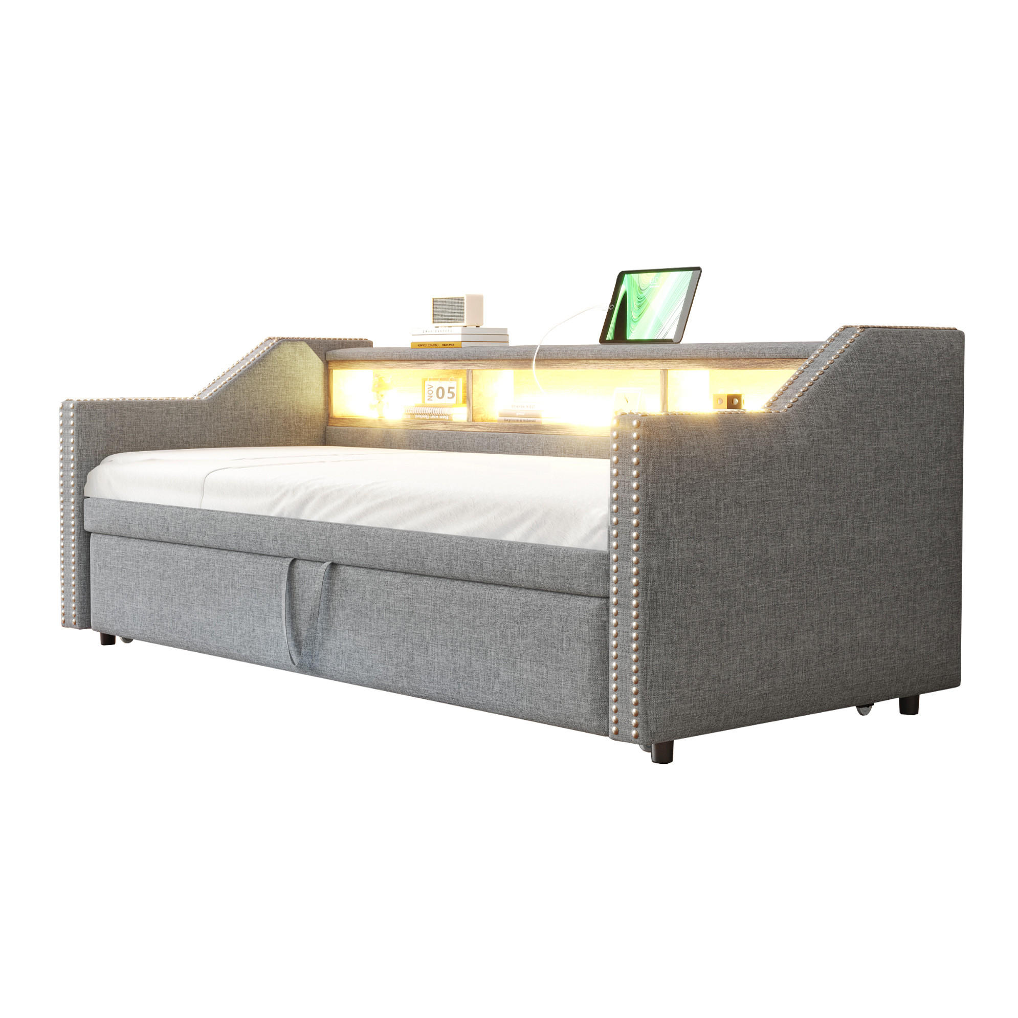 OBLAZINJENA postelja 90/180 x 190 cm z izvlečnim ležiščem, LED osvetlitvijo, USB priključkom in policami, Svetlo siva - svetlo siva, leseni material (90/190cm) - Redom