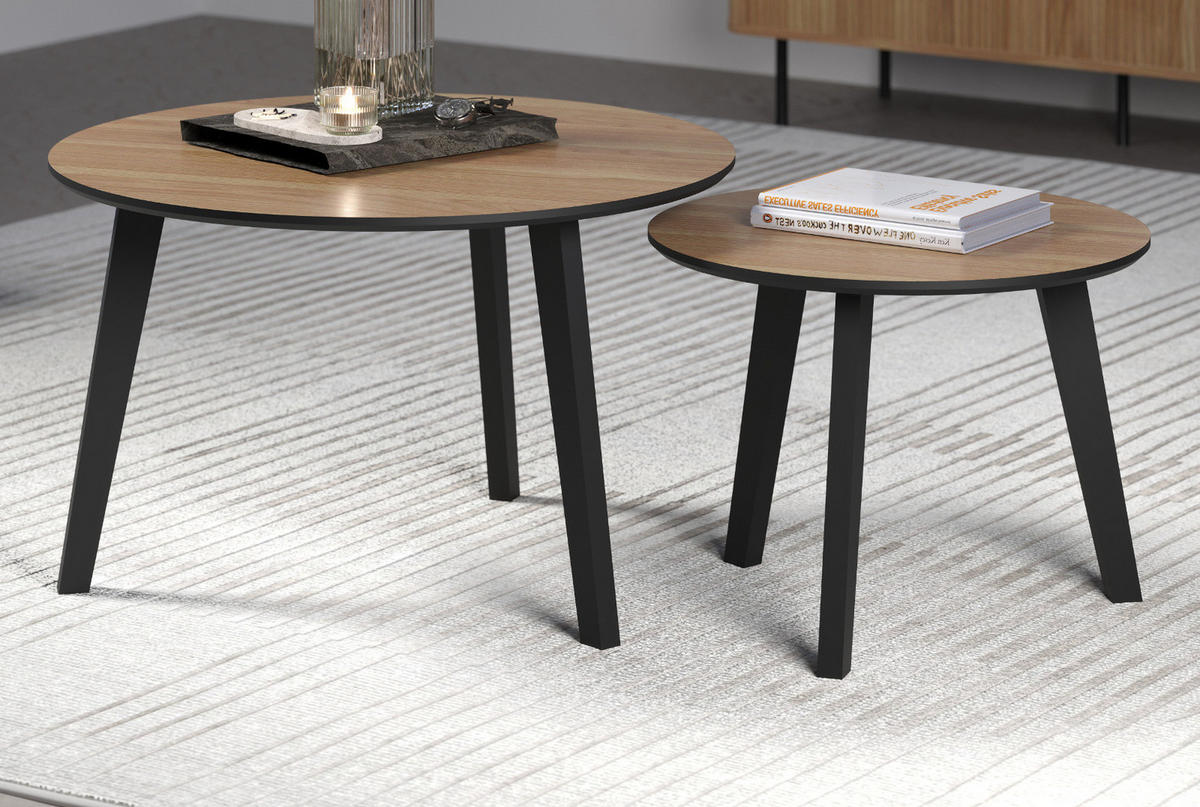 COUCHTISCH 2er Set Eiche, schwarz 2x Beistelltisch rund - Eichefarben/Schwarz, Holzwerkstoff (50/50/39cm) - Top.Furn