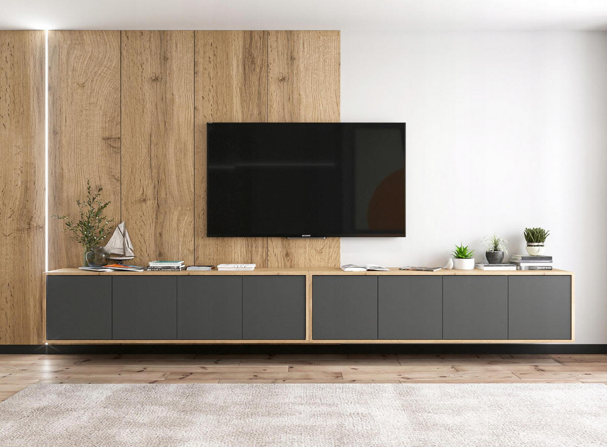 TV-LOWBOARD 2-er Set Apollo2 Eiche wotan Graphit Matt 150 cm - Graphitfarben, Holzwerkstoff (300/39/35cm) - Meble Lindner