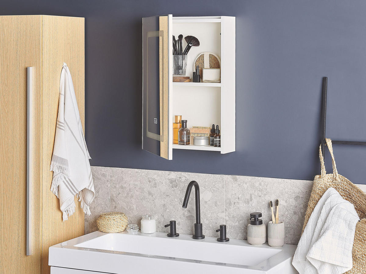 BAD SPIEGELSCHRANK weiß/silber mit LED-Beleuchtung 40/60 cm Condor - Silberfarben/Weiß, Holz (40/60/12cm) - Beliani