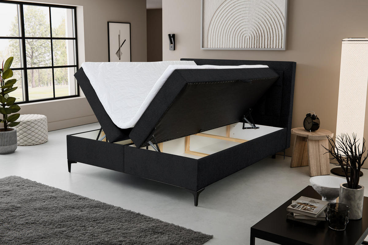 BOXBETT VENEZIA mit 2 Bettkästen, Maße: 140x200 cm, Farbe: Schwarz , Velourstoff, mit Bonell-Matratze inkl. Topper - Schwarz, Holz/Kunststoff (140/200cm) - VENASI MÖBEL