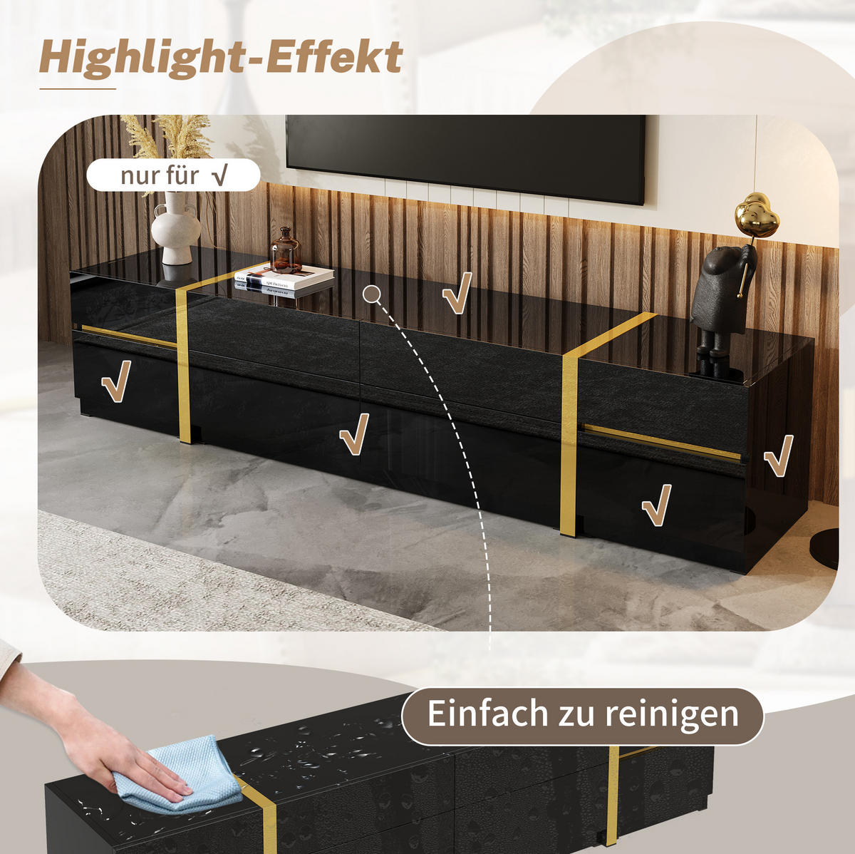 TV-LOWBOARD aus MDF und Spanplatte 180x40x38 cm Schwarz mit Hochglanzfront, 4 Schubladen und 2 Türen - Schwarz, Holzwerkstoff (180/38/40cm) - IVMEU