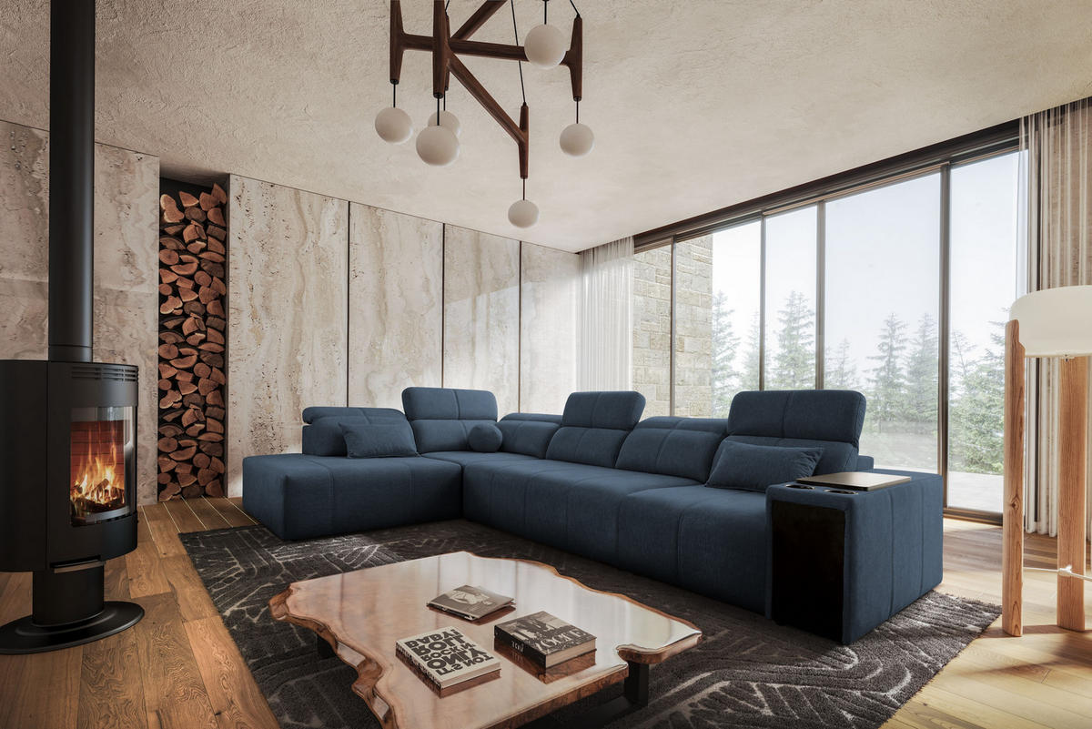 ECKSOFA L-Form Mindy XI Mit Schlaffunktion Und Verstellbarer Rückenlehne Stoff Verita Blau Links - Blau, Holz/Textil (230/350cm) - Kaiser Möbel