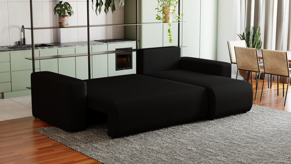 ECKSOFA Travis mit Bettkasten und Schlaffunktion, L-Form, Cord, Universal - Schwarz, Holzwerkstoff (248/148cm) - 4ALL HOME