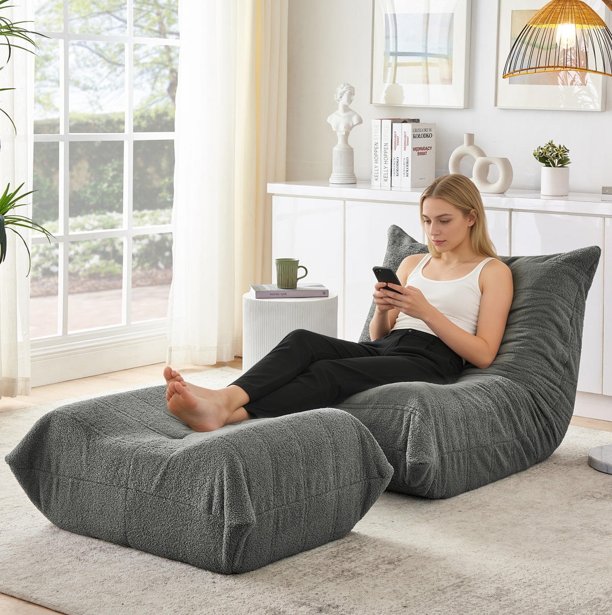 SCHLAFSESSEL mit Fußhocker Teddyfell Grau 2er-Set - Grau, Kunststoff (90/70/100cm) - Beauniv