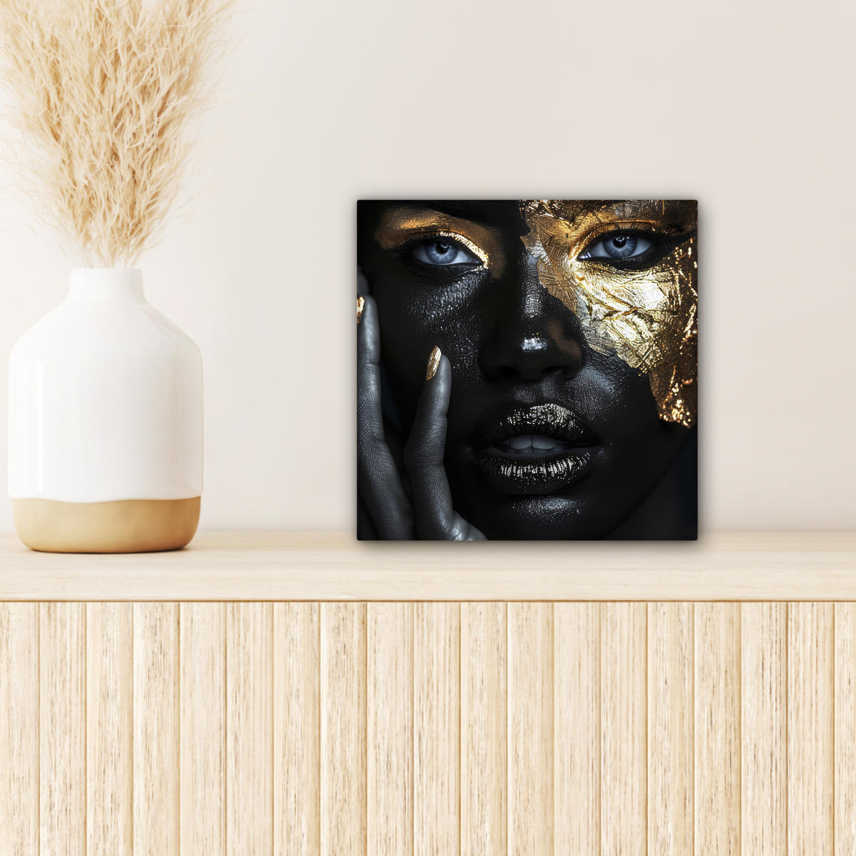 LEINWANDBILD Frau - Gold - Porträt - Schwarz-Weiß - Luxus Deko Wohnzimmer 20x20 cm - Hellblau, Textil (20/20cm) - MuchoWow