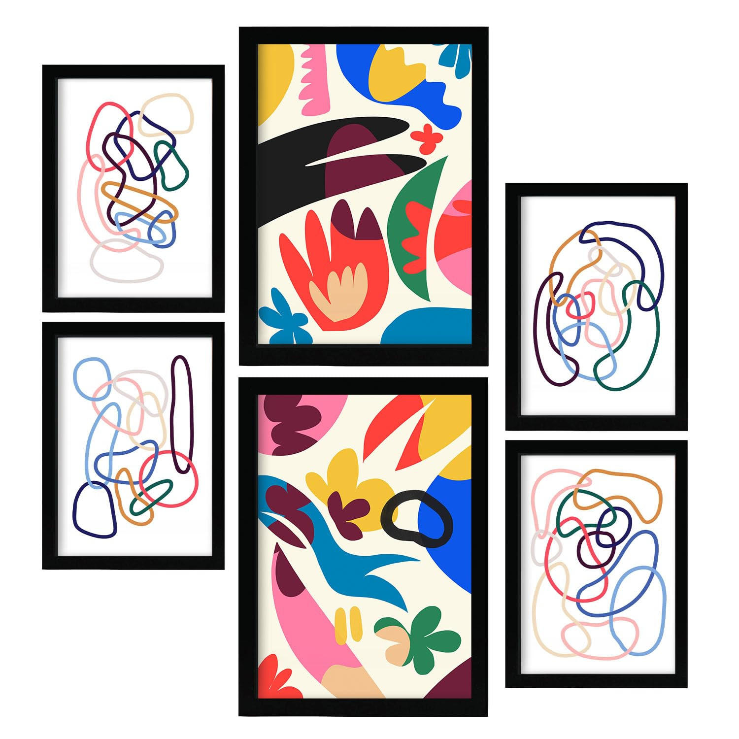 POSTER Set Mit 6 Inhaltsstriche In Blume Zusammenfassung A3 & A4 Schwarzer Rahmen - Schwarz, Papier (29/3cm) - Nacnic