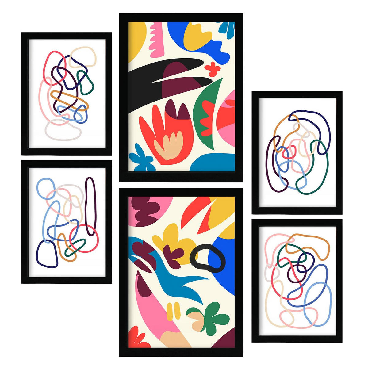 POSTER Set Mit 6 Inhaltsstriche In Blume Zusammenfassung A3 & A4 Schwarzer Rahmen - Schwarz, Papier (29/3cm) - Nacnic