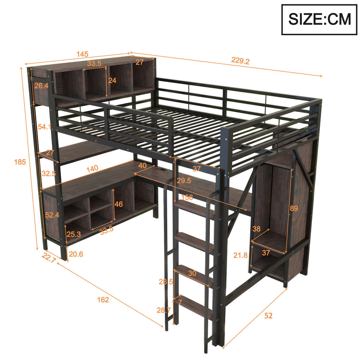 HOCHBETT 140/200 cm in Schwarz mit Schreibtisch, Kleiderschrank, Ablagefächern und LED Metall Design - Schwarz, Holzwerkstoff/Metall (140/200cm) - STILVORA