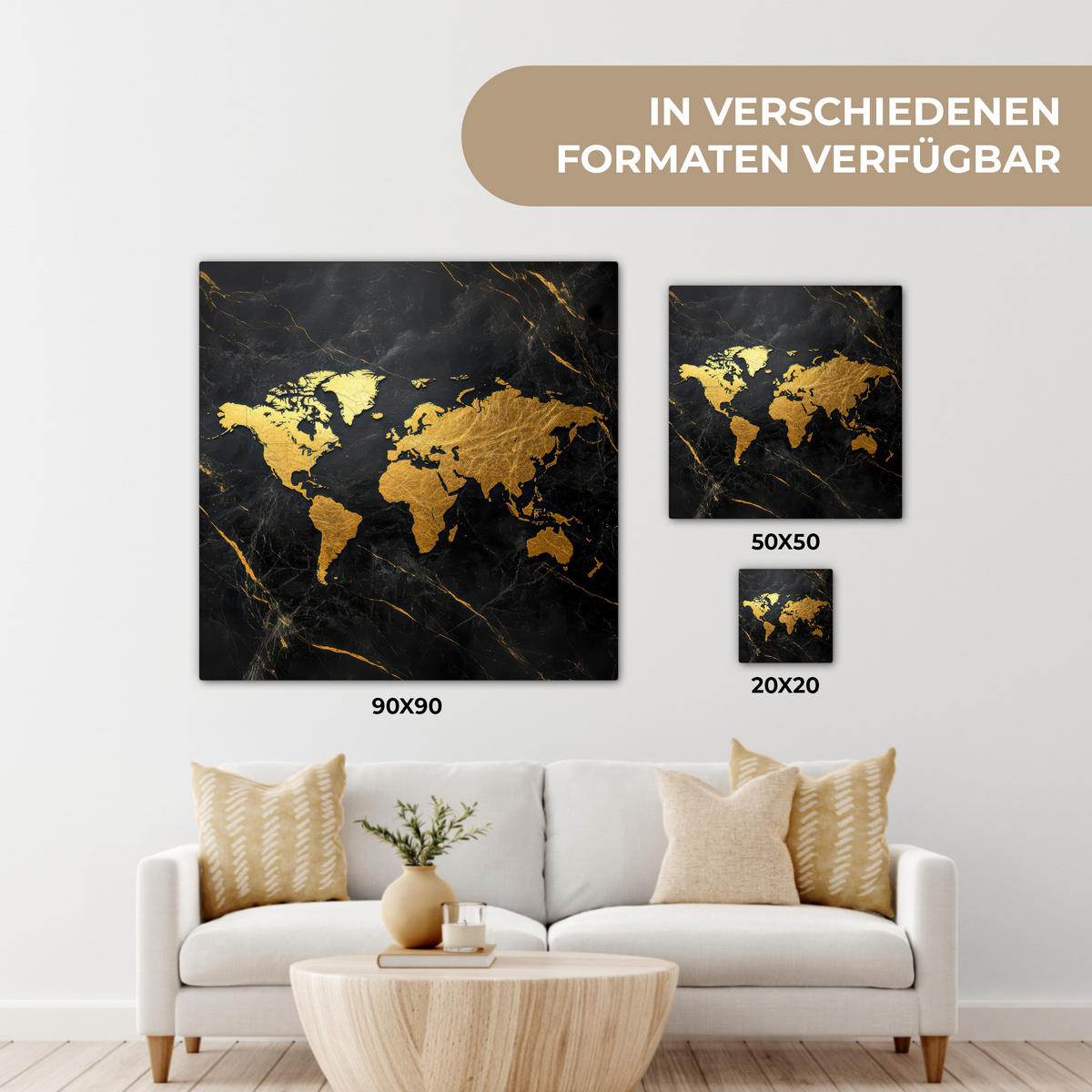 LEINWANDBILD Weltkarte - Gold - Marmor 20x20 cm - Goldfarben, Textil (20/20cm) - MuchoWow